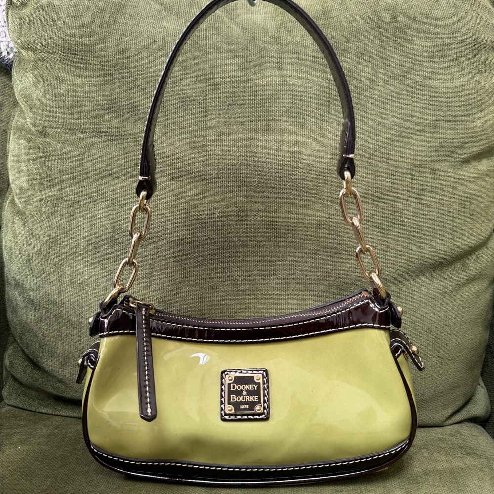 Dooney & Bourke Lime Patent Leather Shoulder Bag with Brown Trim